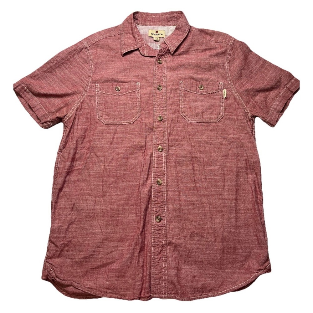 Woolrich Mens Medium Chambray Button Front Shirt Red Outdoor Hiking Casual